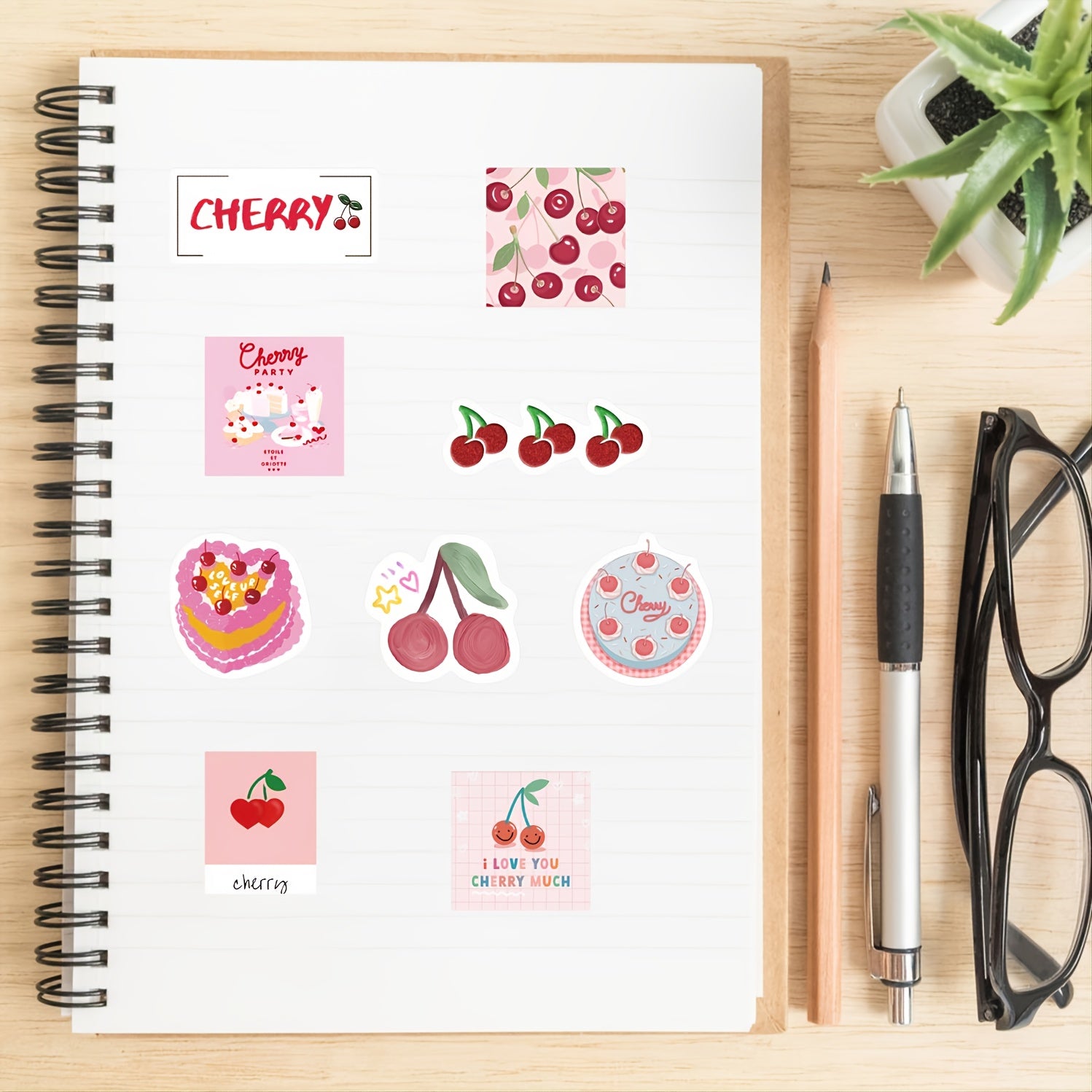 90 Waterproof Pink Heart Cherry Cartoon Sticker Luggage Diary Booklet