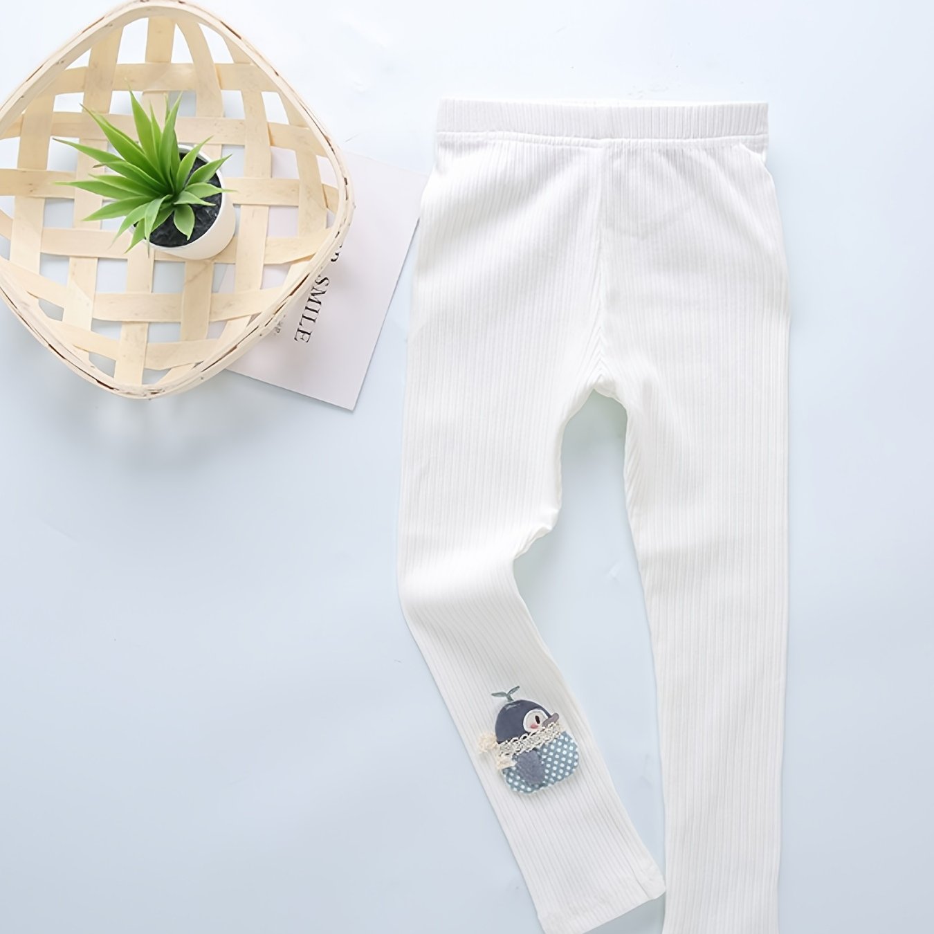 Girls Ribbed Leggings with Cartoon Decoration for Autumn/Spring
