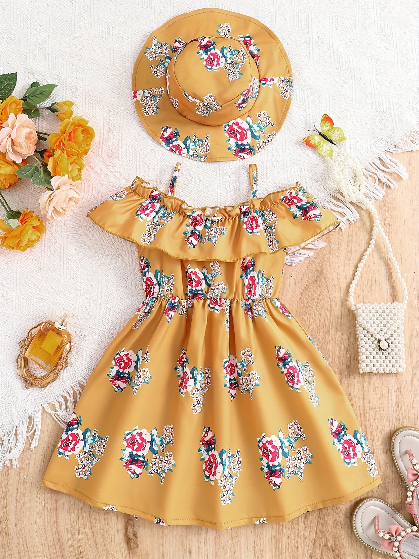 2pcs Toddler Girls Flowers Graphic Dress & Hat Set For Party Beach Vacation