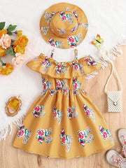 2pcs Toddler Girls Flowers Graphic Dress & Hat Set For Party Beach Vacation