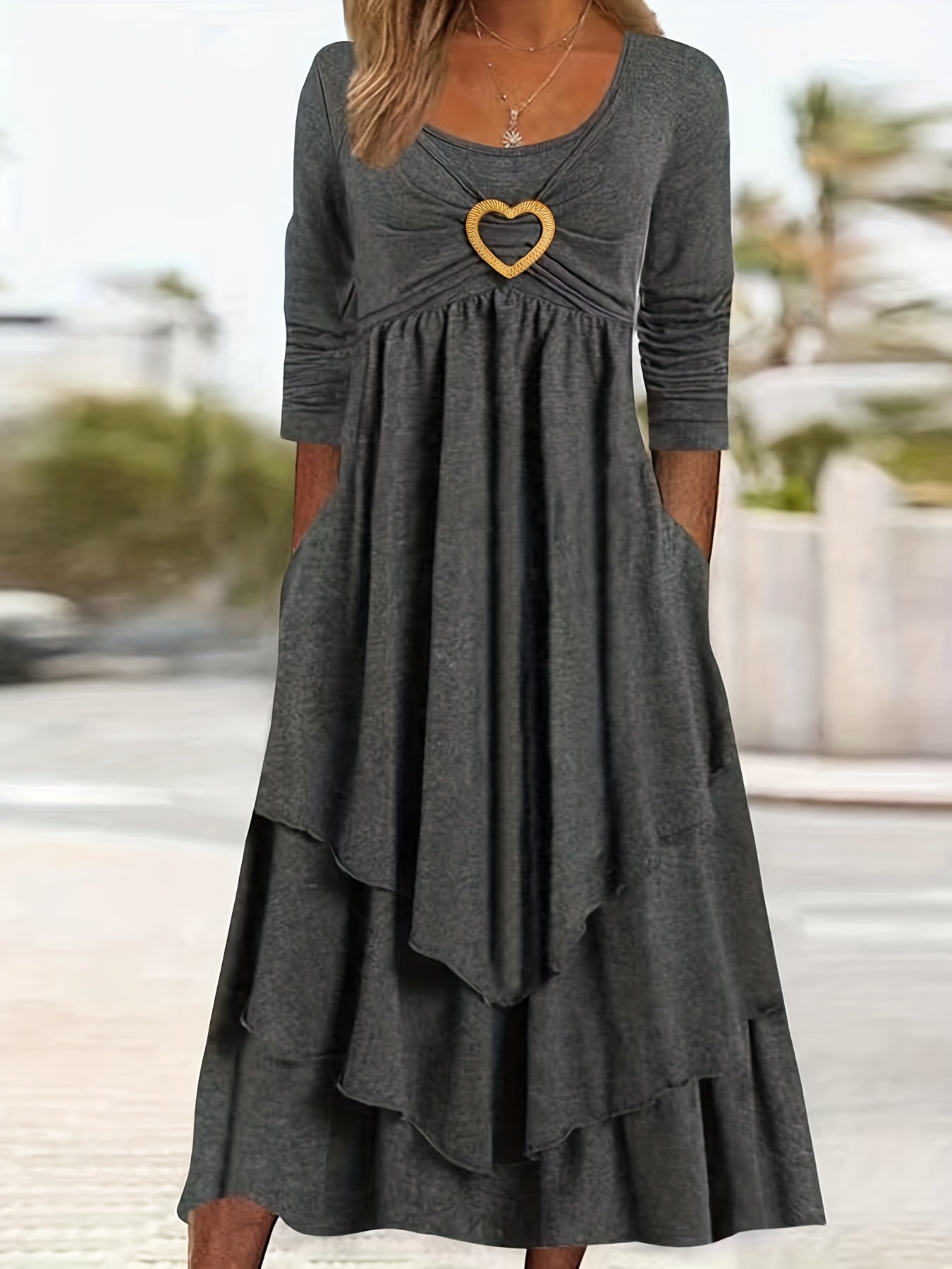 Long Sleeve Heart Ring Round Neck Maxi Dress
