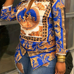 Random Print Button Front Long Sleeve Shirt Women's Plus Casual Blouse
