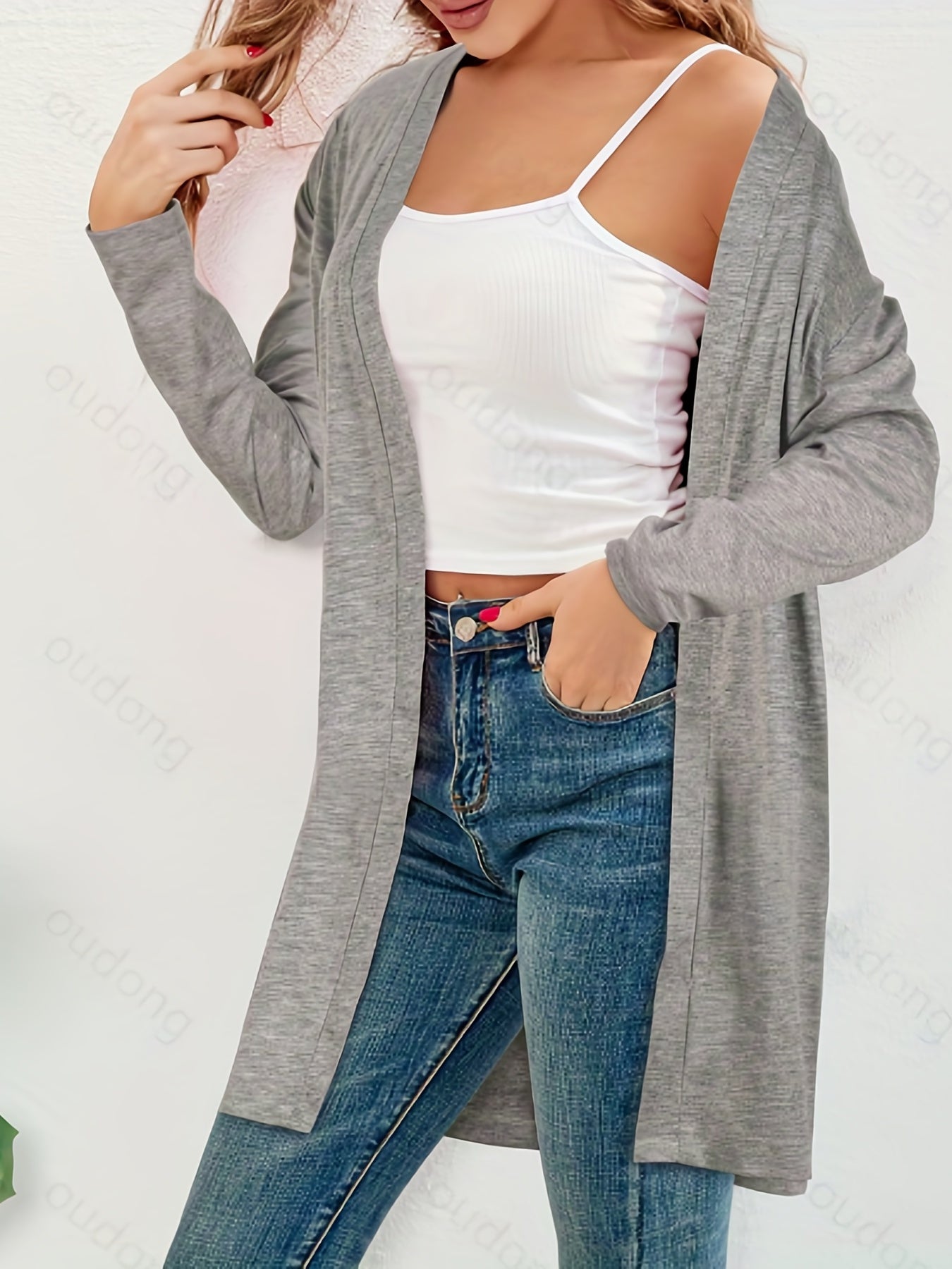 Casual Cardigan Women's Plus Solid Long Sleeve Open Front