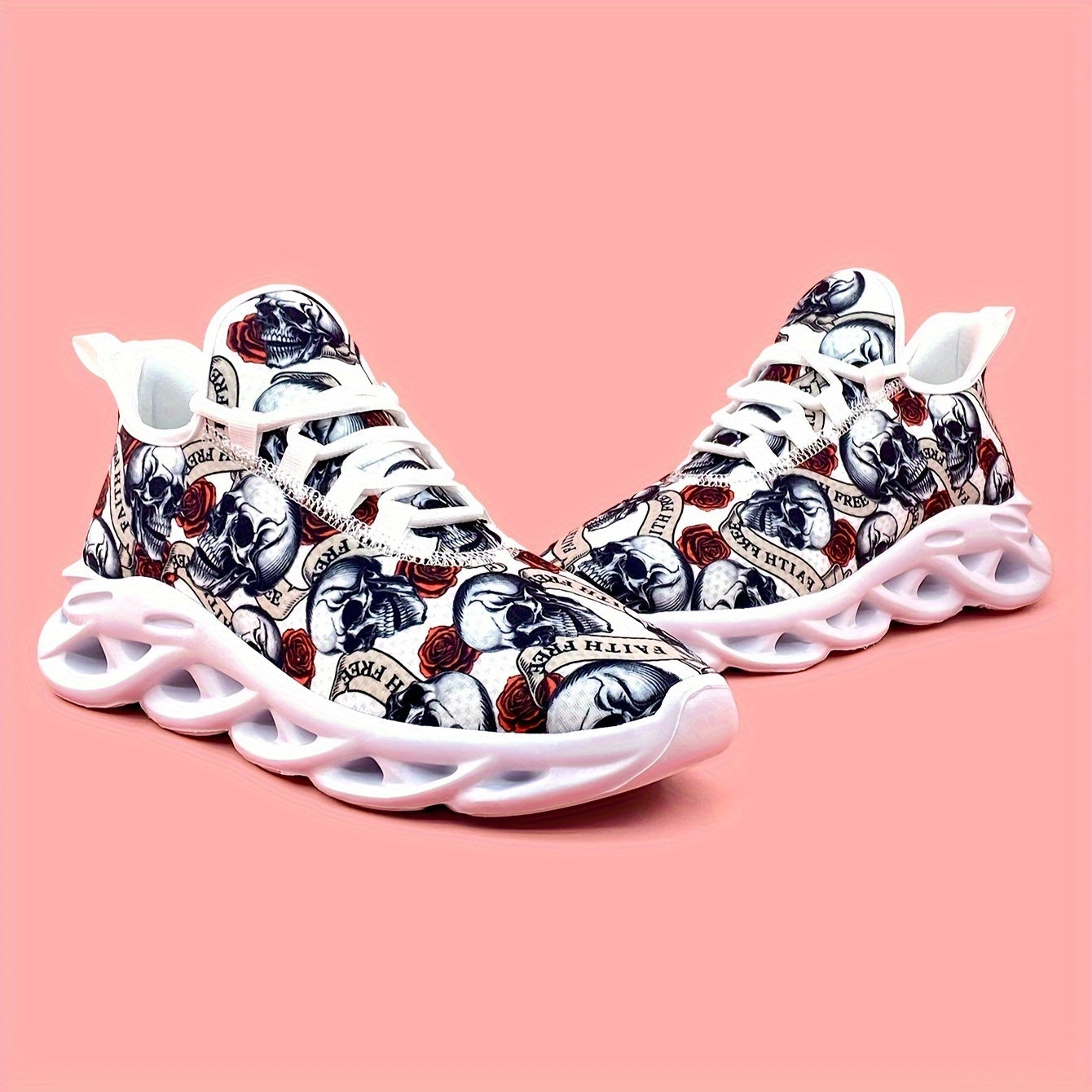 Skull & Rose Pattern Outdoor Sneakers Lightweight Sport Shoes