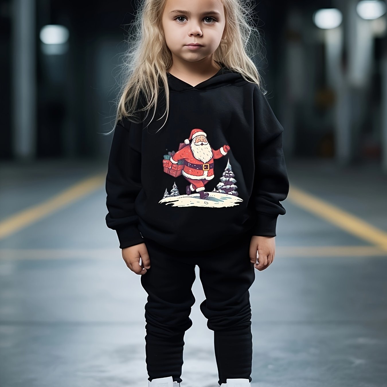 Santa On The Road Print 2pc Outfit Girls Hoodies Jogger Set For Sports Fall