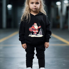 Santa On The Road Print 2pc Outfit Girls Hoodies Jogger Set For Sports Fall