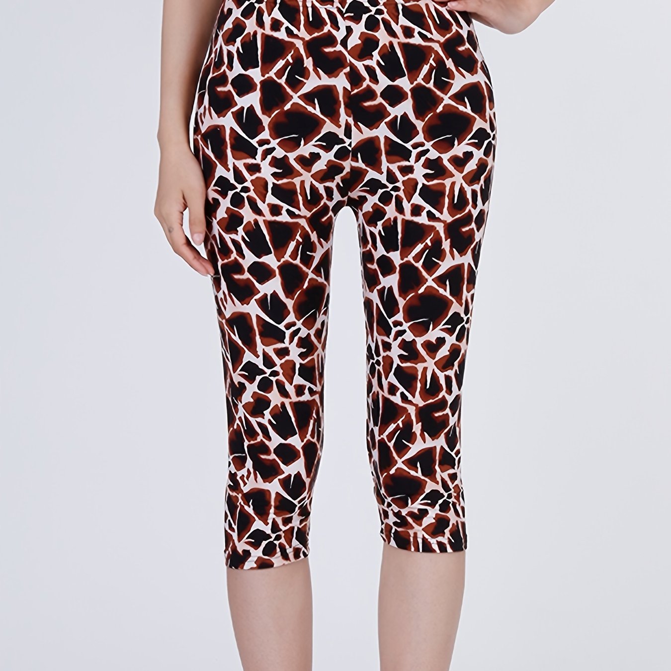 Coffee Stone Print Capris Leggings Casual High Waist Elastic Bottoms Slim Capris