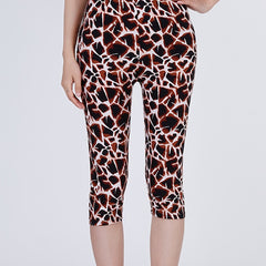Coffee Stone Print Capris Leggings Casual High Waist Elastic Bottoms Slim Capris