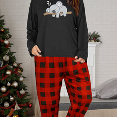 Koala Print Long Sleeve Tee & Plaid Pants Pajamas Set