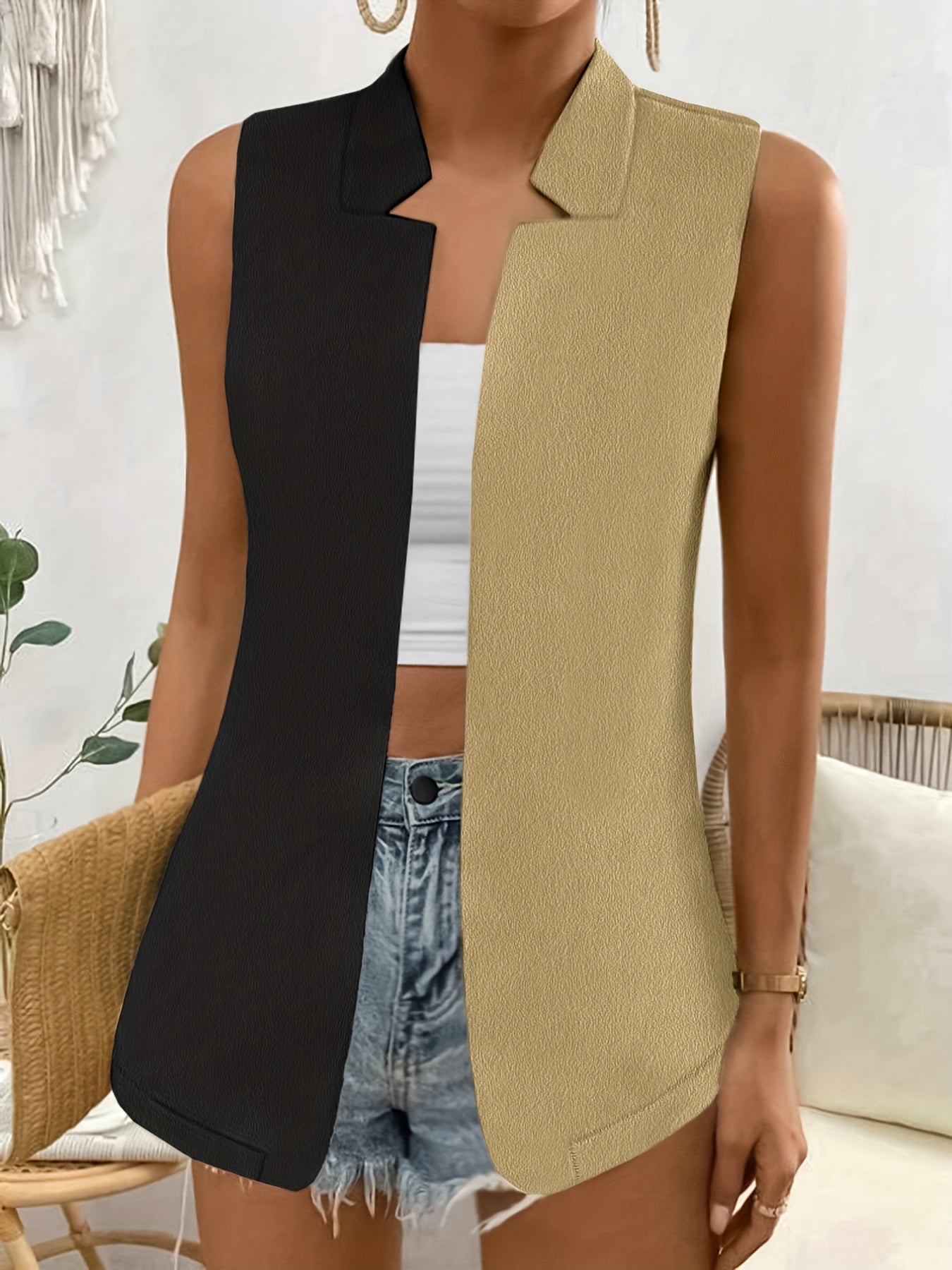 Casual Open Front Block Vest for Women