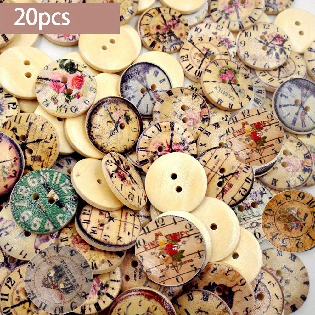 50pcs 20mm Vintage Wooden Clock Buttons Two Holes Round Sewing
