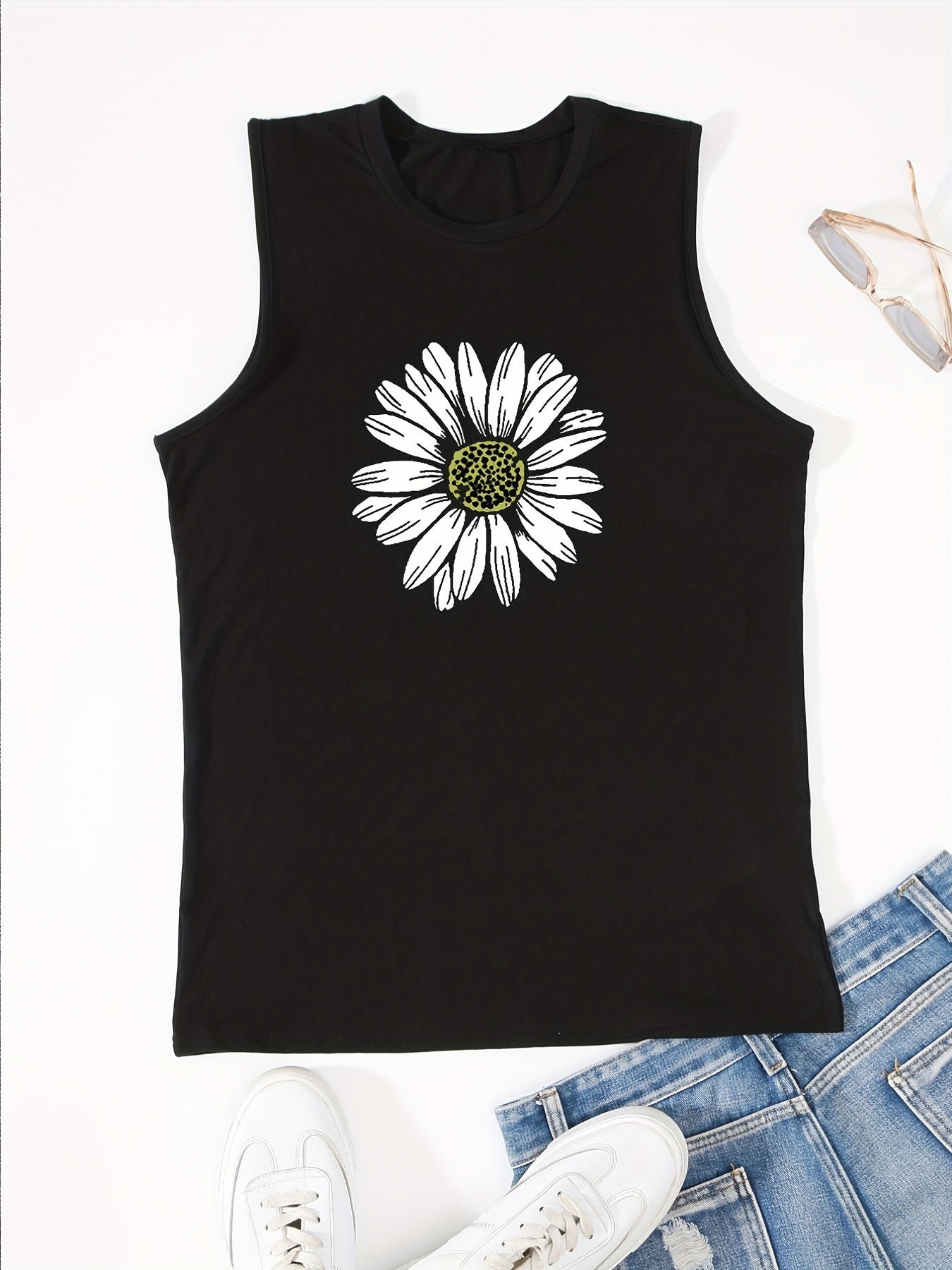 Flower Print Crew Neck Tank Top Sleeveless for Summer