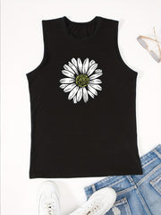 Flower Print Crew Neck Tank Top Sleeveless for Summer