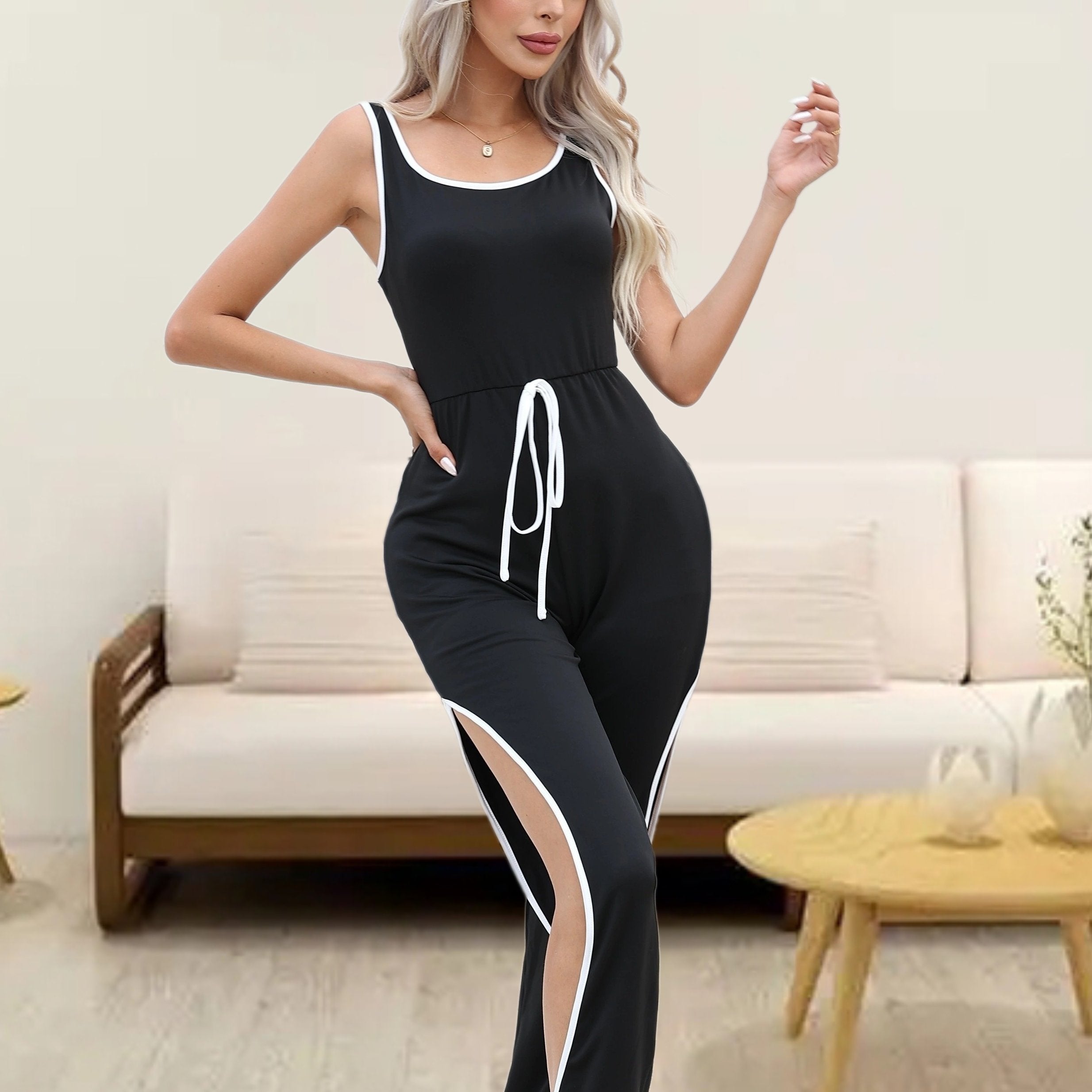 Sleeveless Lounge Jumpsuit Round Neck Women's Loungewear