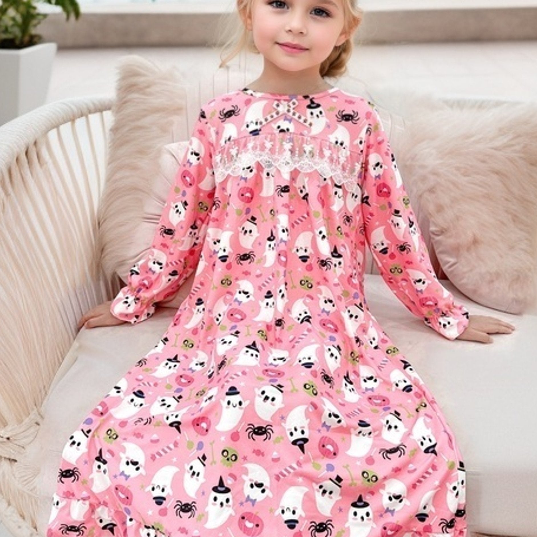 Ghost Pattern Girl's Nightgown Lace Decor Halloween Style Pajama