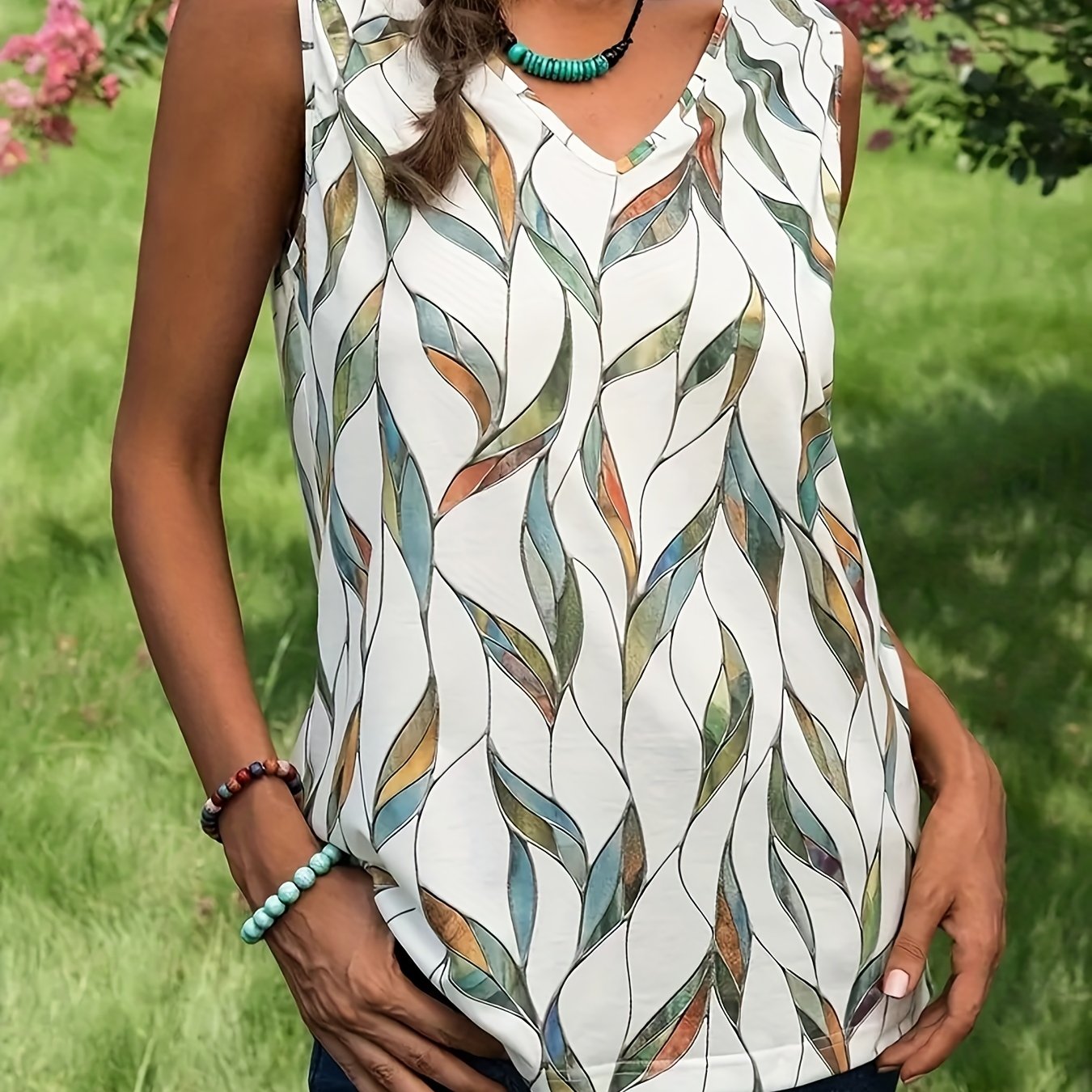 Leaf Print V Neck Tank Top for Summer