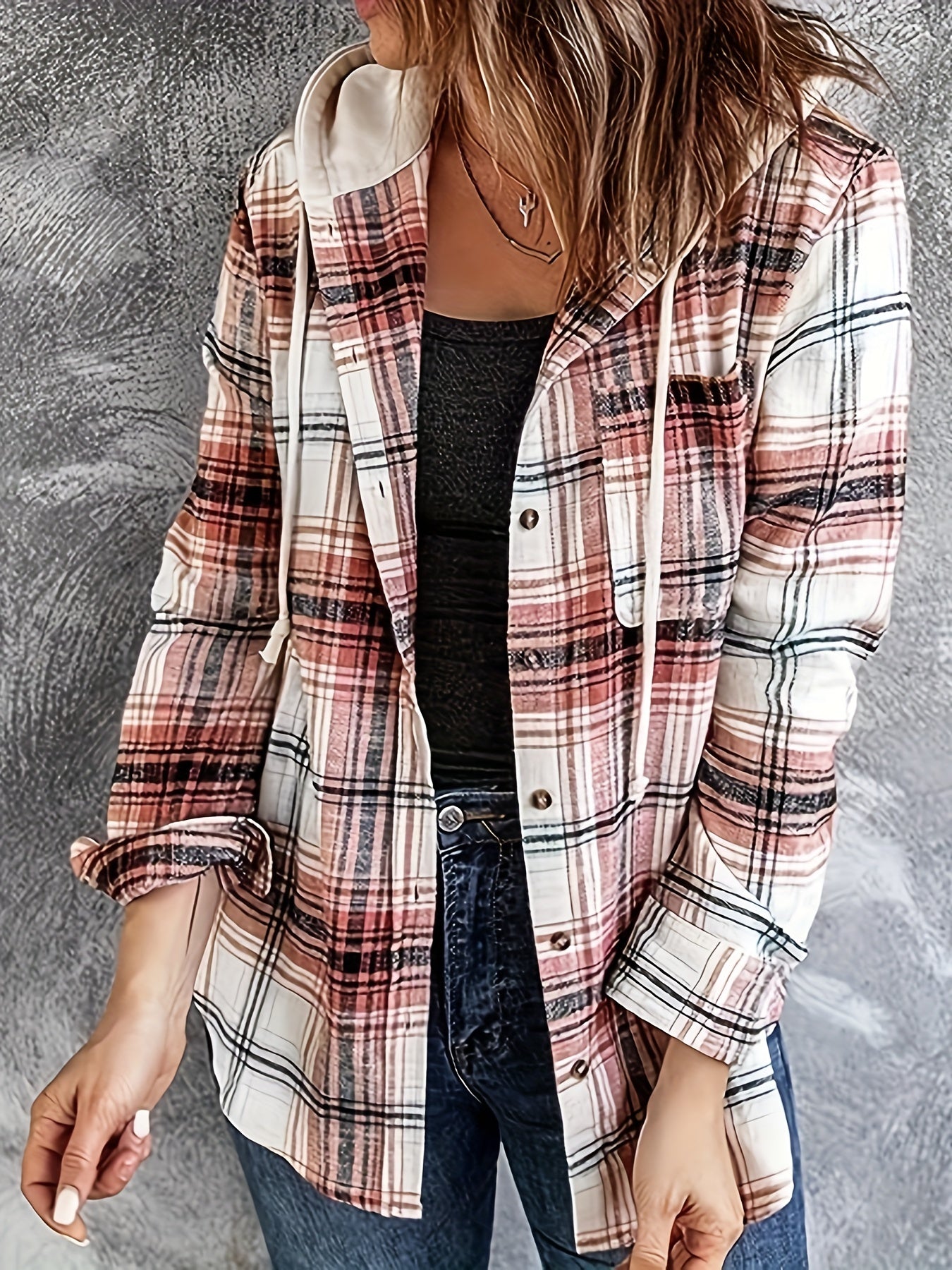 Plaid Print Button Up Long Sleeve Drawstring Hooded Shacket