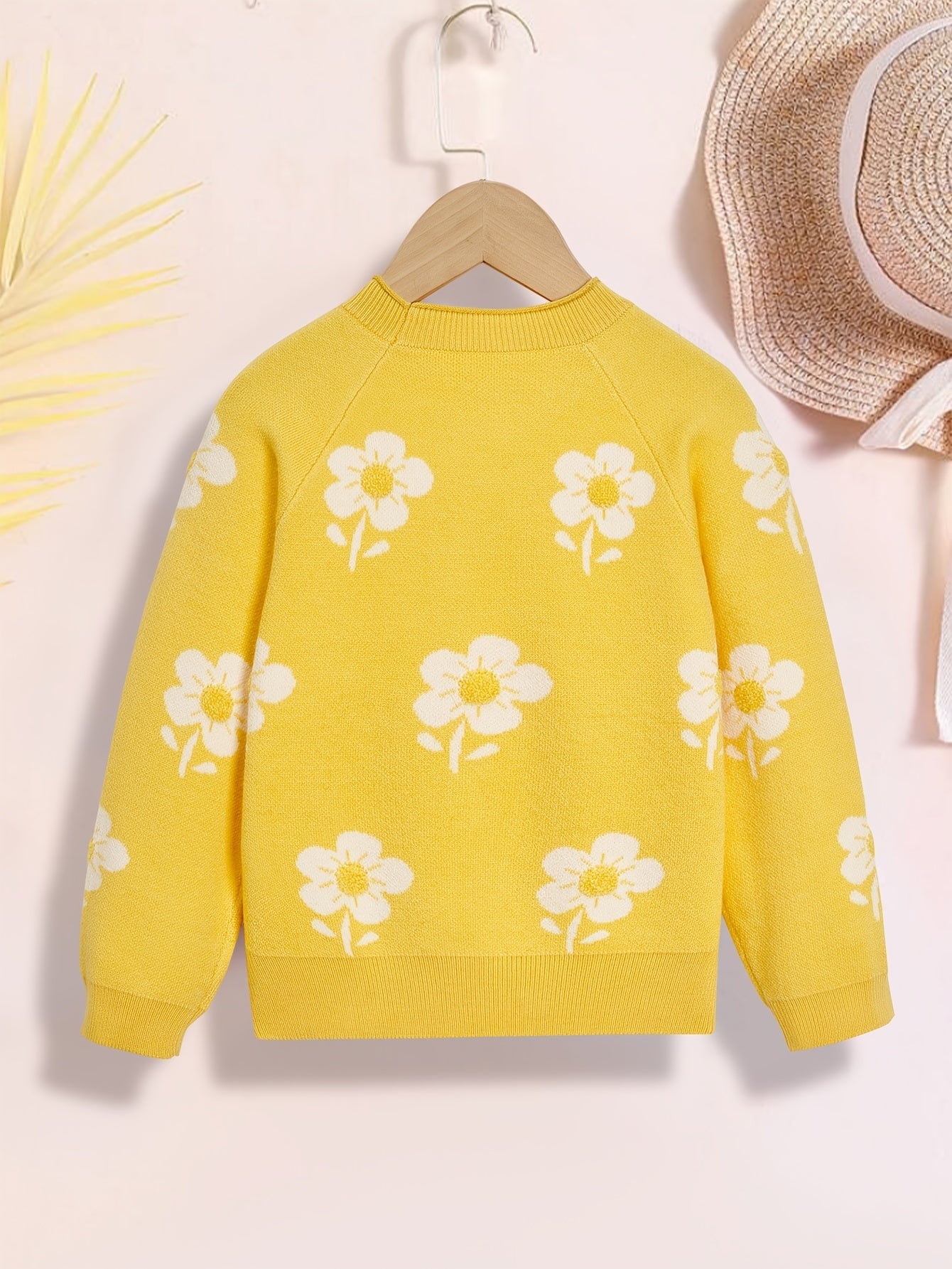 Girls' Flower Jacquard Knitted Crewneck Long Sleeve Sweater