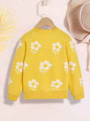 Girls' Flower Jacquard Knitted Crewneck Long Sleeve Sweater