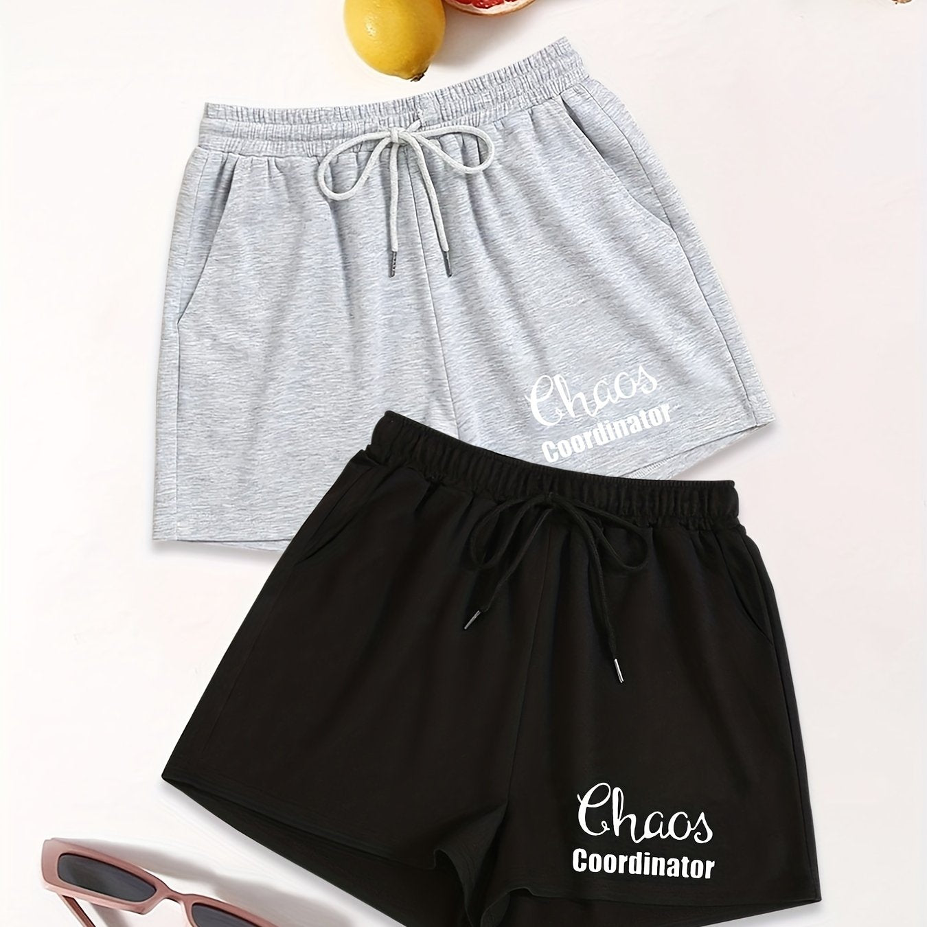 Letter Print Drawstring Shorts 2 Pack Women's Casual Elastic Waist Shorts
