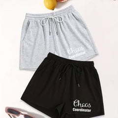 Letter Print Drawstring Shorts 2 Pack Women's Casual Elastic Waist Shorts