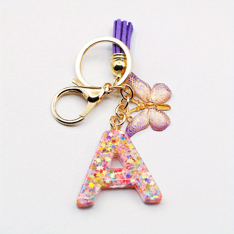 Resin Initial Letter Keychain with Butterfly and Tassel