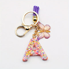 Resin Initial Letter Keychain with Butterfly and Tassel