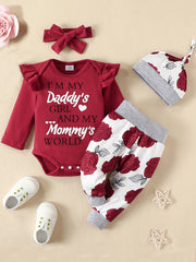 4pcs Baby Letter Flower Print Outfit Set for Girls