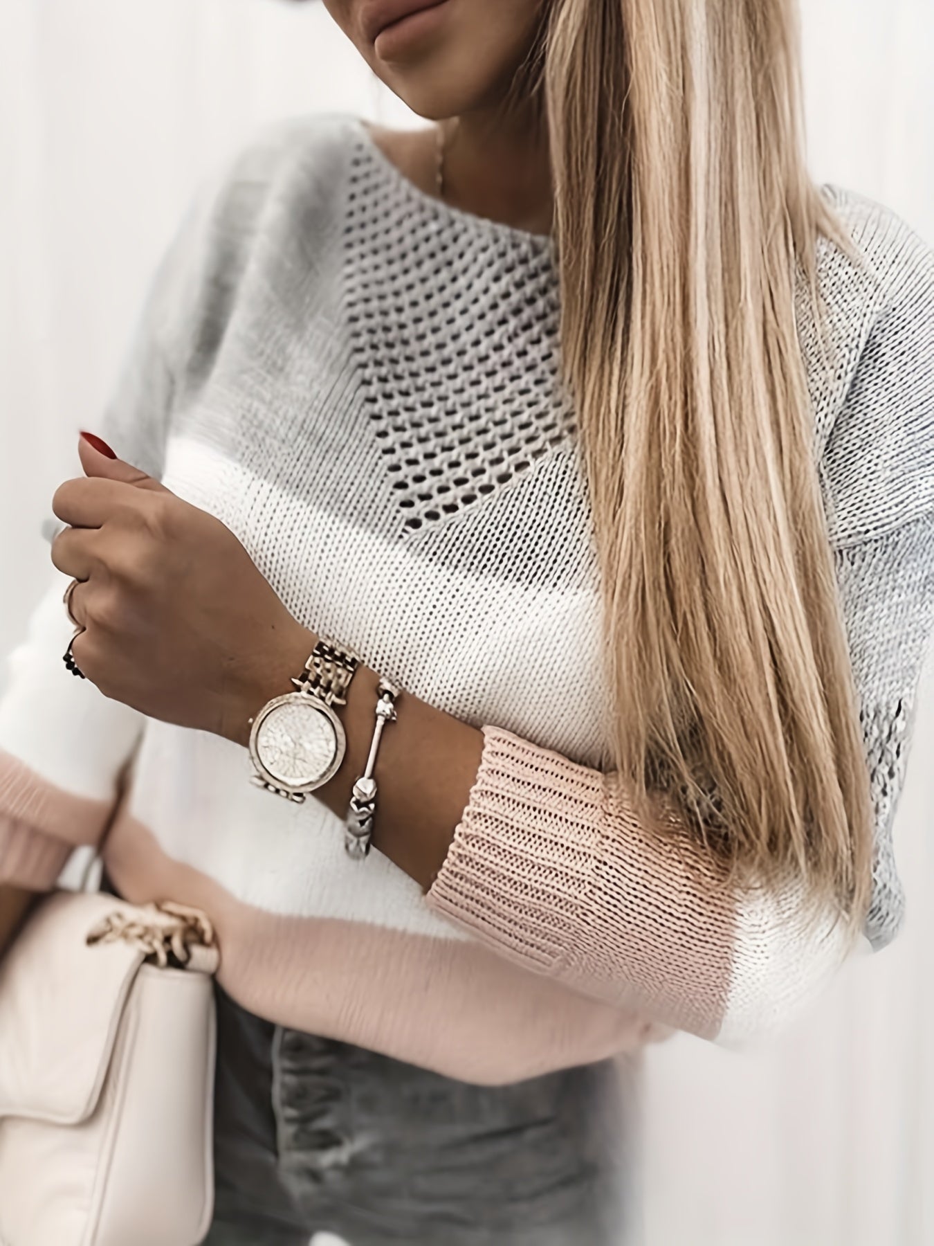 Casual Long Sleeve Block Cut Out Sweater