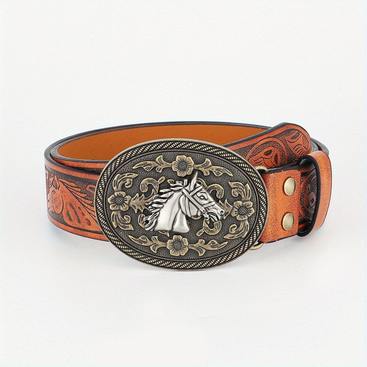1pc Horse Head Buckle Casual Belt Western Cowboy Leather Vintage Belt