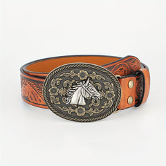 1pc Horse Head Buckle Casual Belt Western Cowboy Leather Vintage Belt