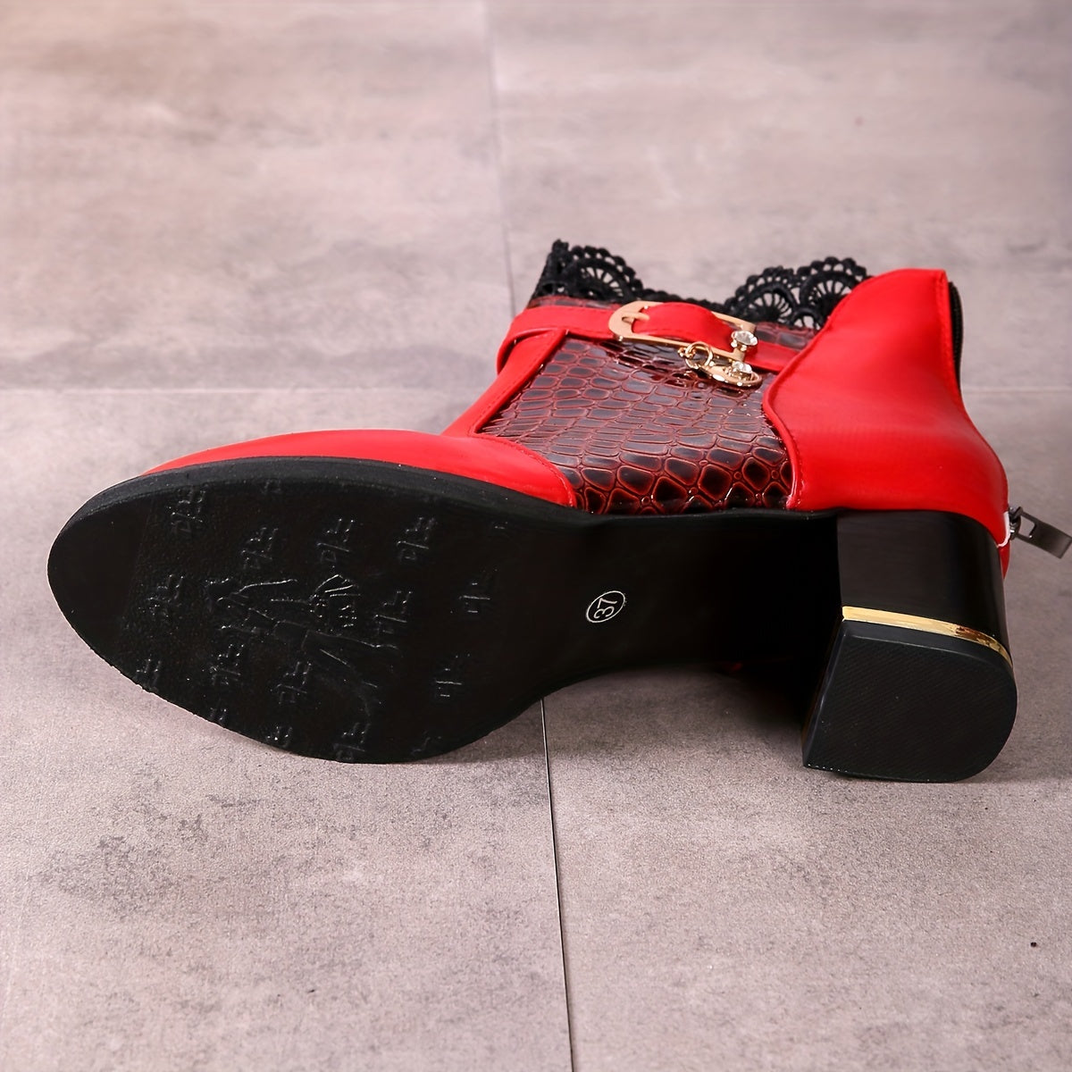 Lace Heeled Ankle Boots Crocodile Print Buckle Strap Chunky Heels
