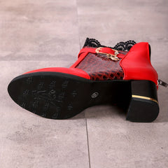 Lace Heeled Ankle Boots Crocodile Print Buckle Strap Chunky Heels
