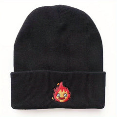 Anime Flame Embroidery Beanie Cartoon Unisex Knit Hat Elastic Casual Skull Cap