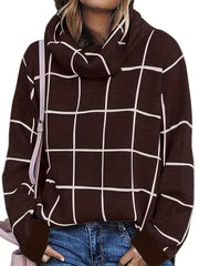 Plaid Turtleneck Knitted Pullover Top Long Sleeve Sweater