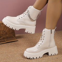 Women's Platform Combat Boots Chain Lace-Up Chunky Ankle Boots Zip Short Boots