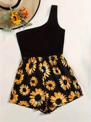 Sunflower Print One Shoulder Romper Jumpsuit