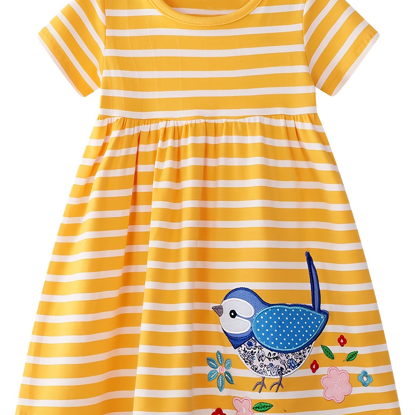 Girls Bird & Floral Embroidered Round Neck Summer Dress