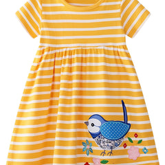 Girls Bird & Floral Embroidered Round Neck Summer Dress