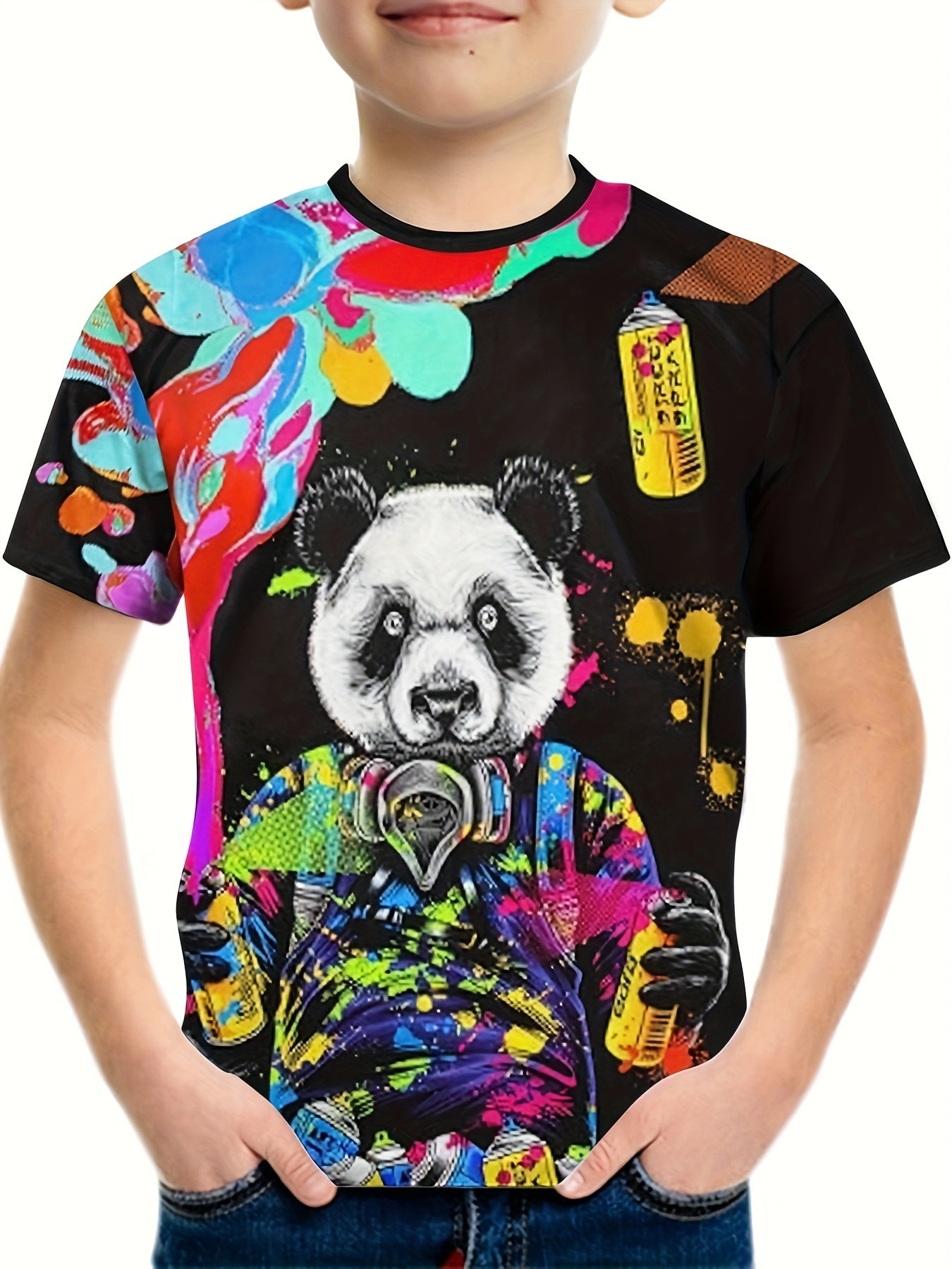 Colorful Panda Print Boys T shirt Kids Short Sleeve Casual Summer Tee Tops