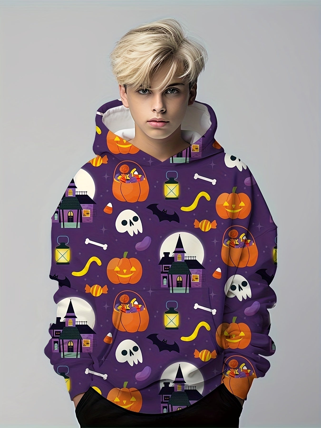 Skull & Pumpkin Print Kid's Hoodie Halloween Elements Unisex Pullover