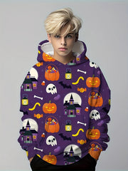 Skull & Pumpkin Print Kid's Hoodie Halloween Elements Unisex Pullover