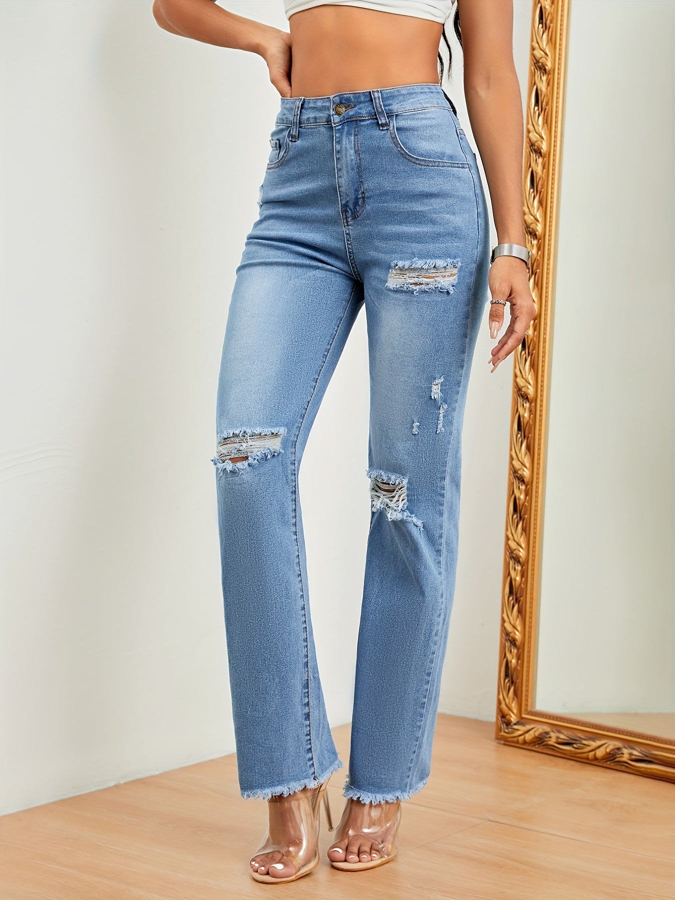 High Stretch Frayed Trim Ripped Jeans Loose Fit