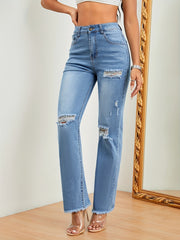 High Stretch Frayed Trim Ripped Jeans Loose Fit