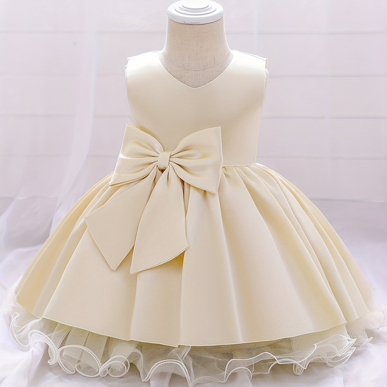 Baby Girls Princess Dress with Bowknot V Neck Mesh Trim
