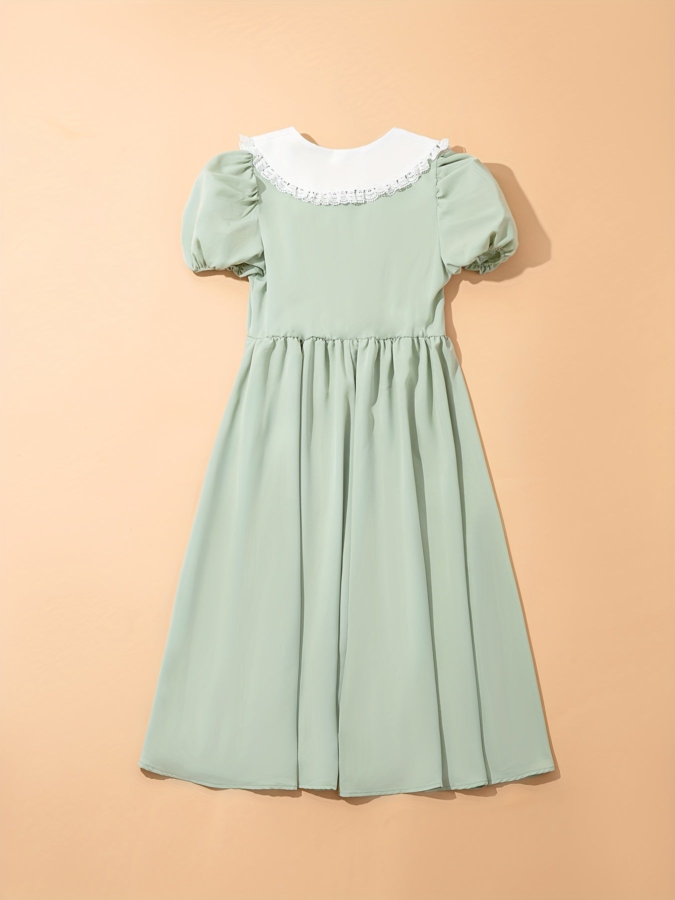 Girls Lace Collar Bead Button Short Sleeve Dress for Party Vacation