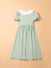 Girls Lace Collar Bead Button Short Sleeve Dress for Party Vacation