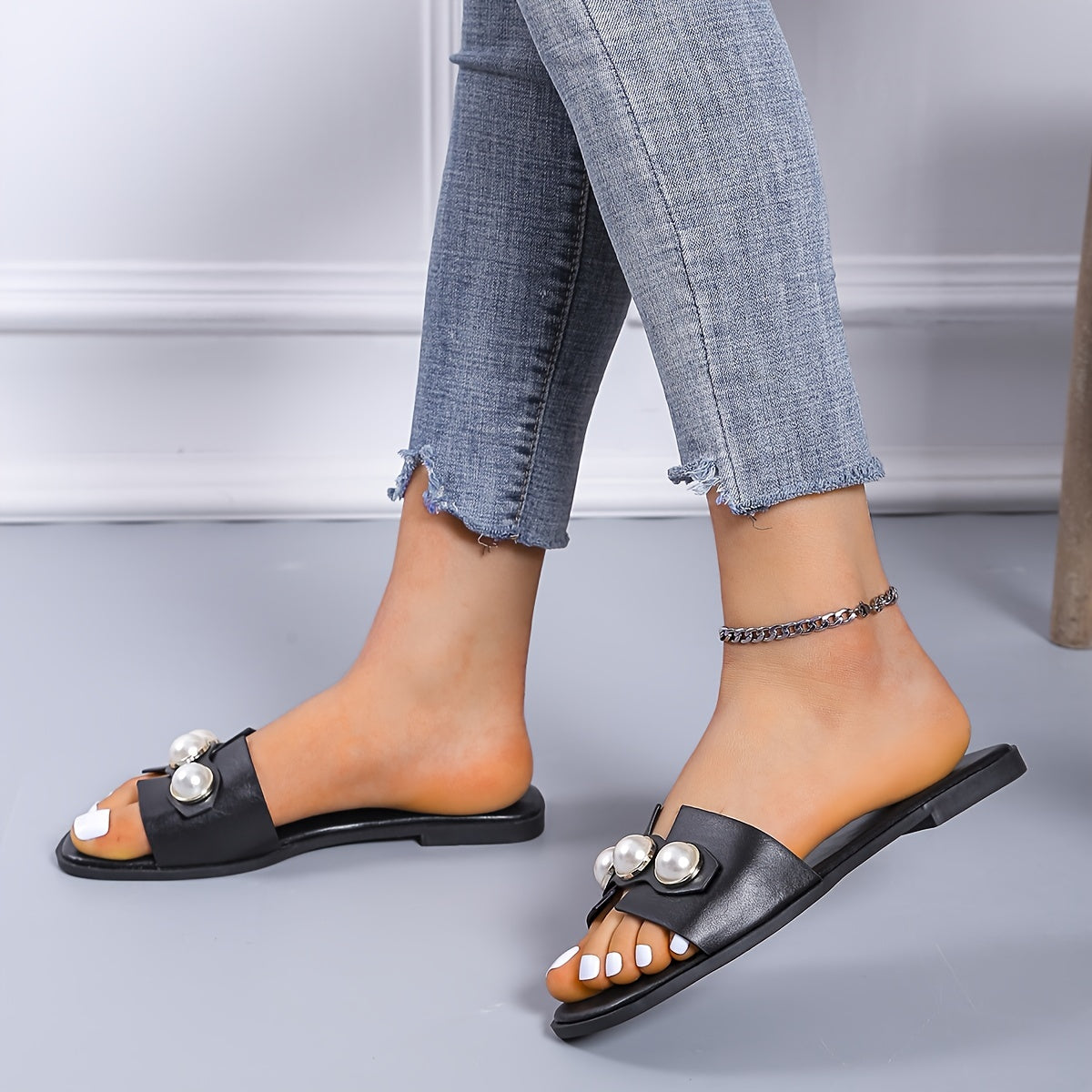 Women's Faux Pearl Flat Slippers Open Toe Non Slip Solid Slides Shoes