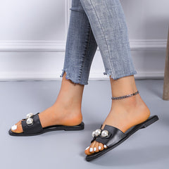 Women's Faux Pearl Flat Slippers Open Toe Non Slip Solid Slides Shoes