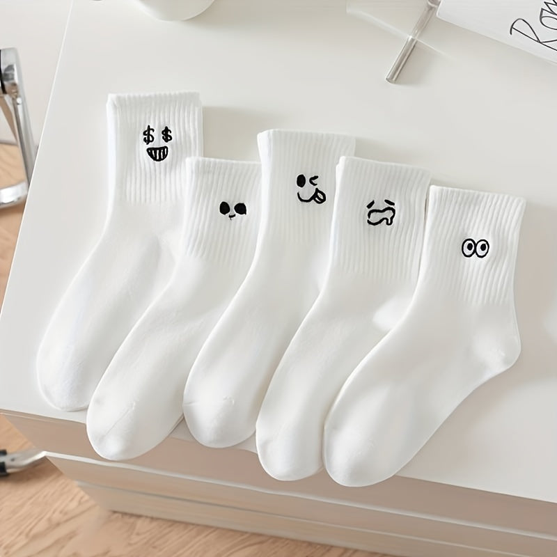 Teenager's Cartoon Expression Knitted Socks, Soft Crew Socks for Outdoor